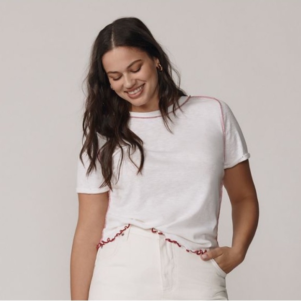 NWT Pilcro for Anthropologie Cream Raglan T-Shirt with Ruffled Sleeves Size 2X - Picture 3 of 5